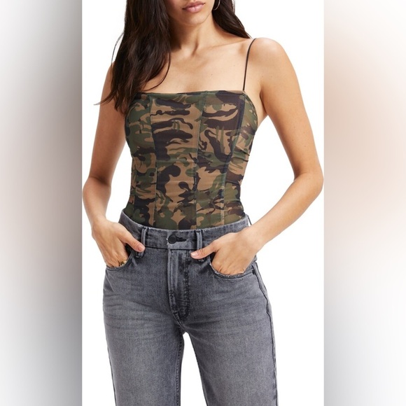 Good American Tops - Good American Camouflage Mesh Corset Bodysuit